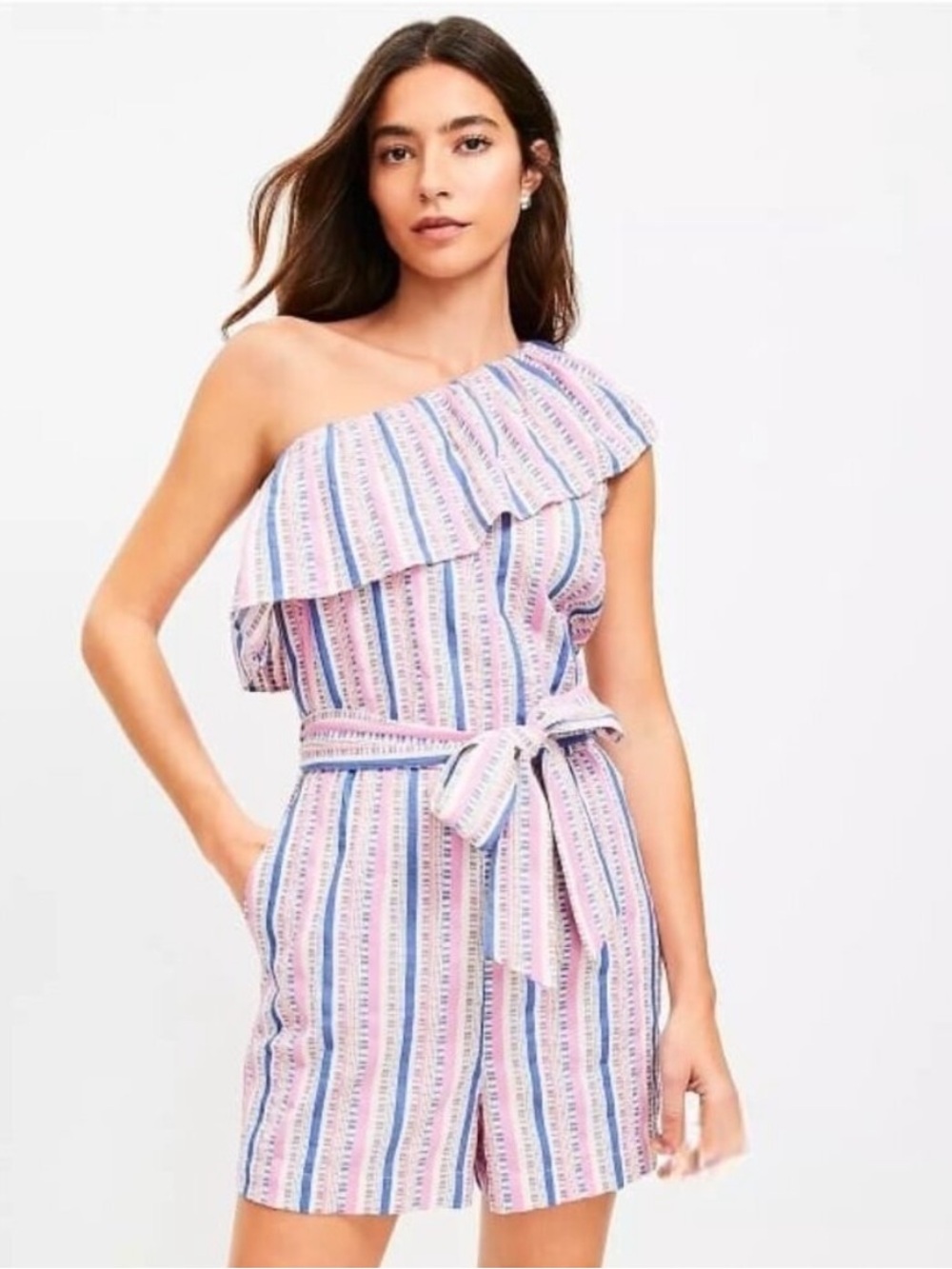 Loft Beach One Shoulder Stripe Ruffle Romper Tie Elastic Waist Pink Blue NWT